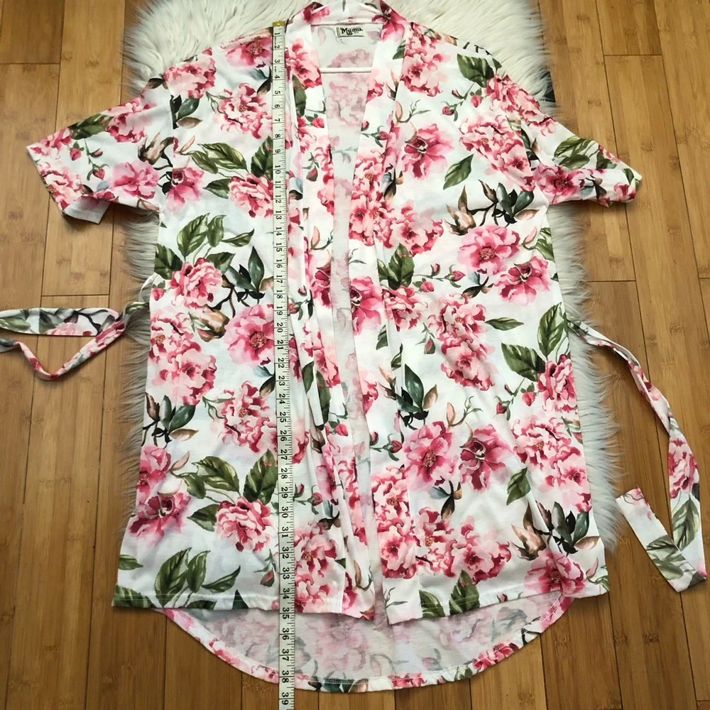 Show Me Your Mumu Pink Roses Floral Prints White Open Front Robe Lounge Wear OS